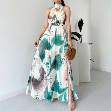 Women's Summer Hanging Neck High Waist Repair Sexy Graffiti Lace Open Dress